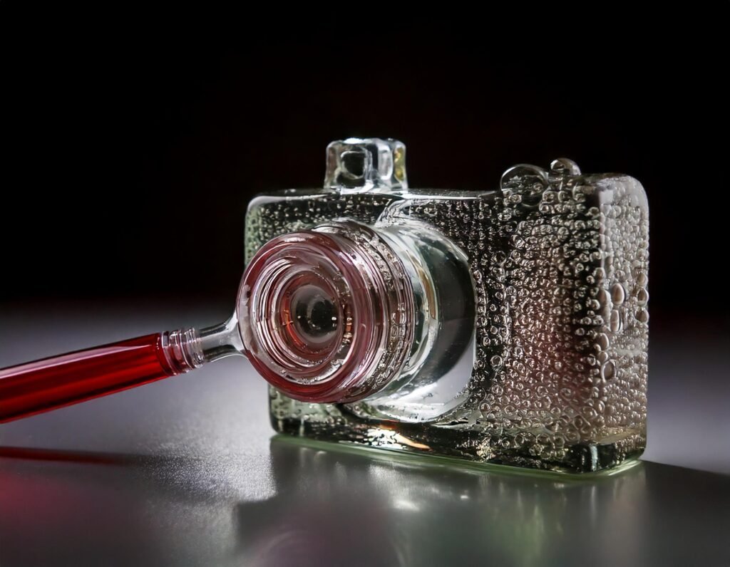 Escultura de soplado en vidrio de una cámara digital moderna con conexión a servicios de nube y edición.