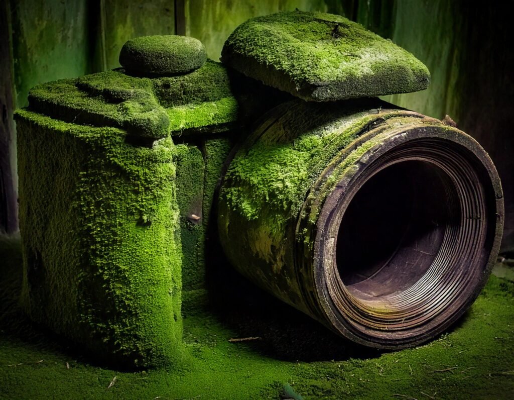 Una cámara kodak descuidada y abandonada llena de algas por el abandono.