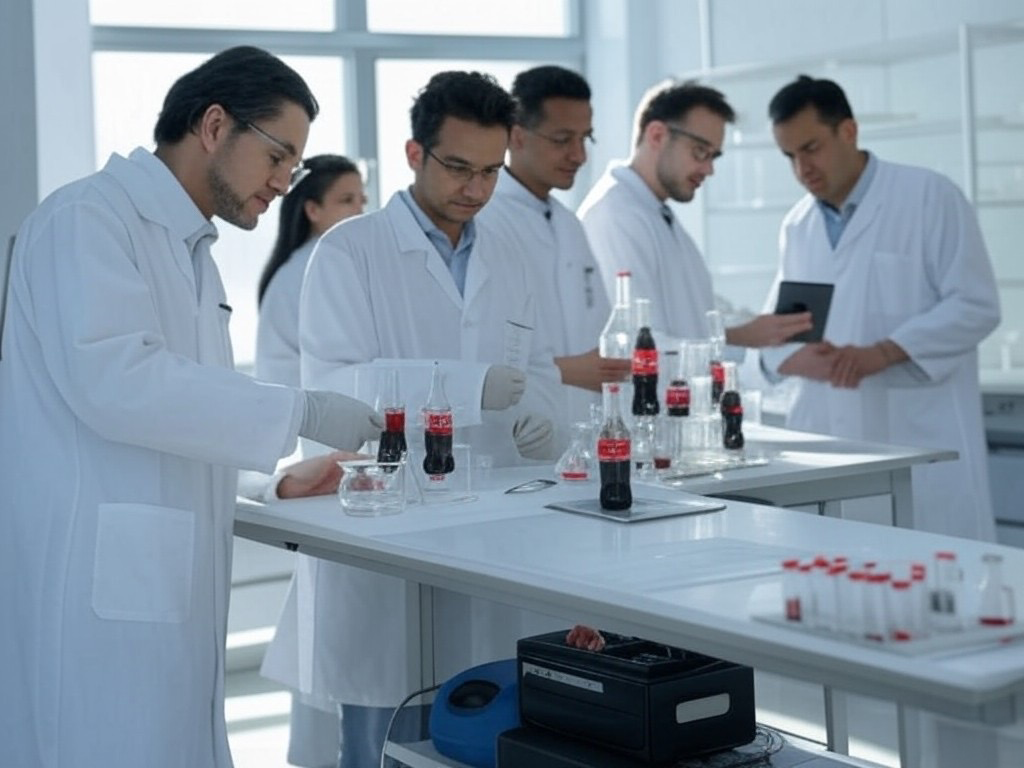 Grupo de científicos probando nuevas formulas de Coca Cola.